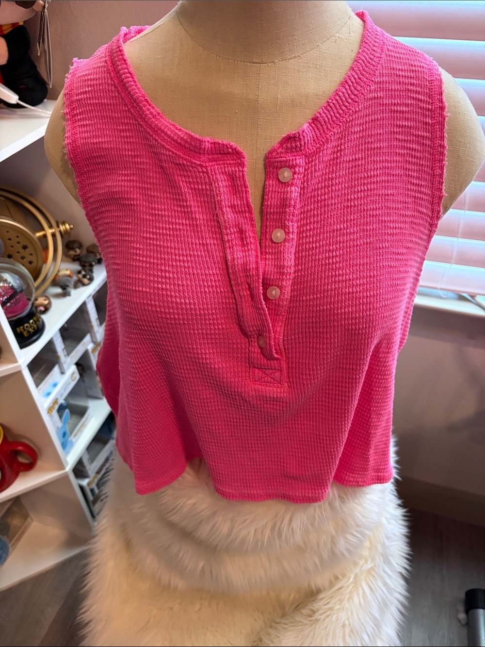 Sleeveless Waffle Knit Henley Tank - Hot Pink